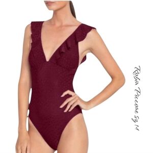 NWT Robin Piccone Julianna Eggplant Dot Ruffle One Piece Swimsuit 14